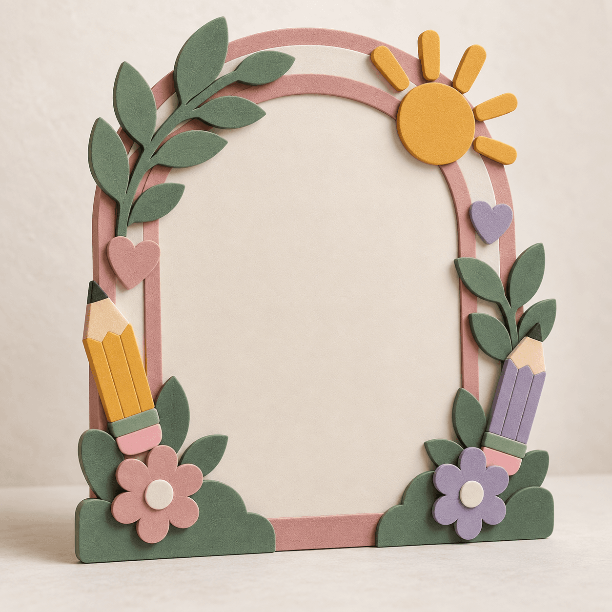 Placa escolar em EVA com flores, folhas, lápis e sol