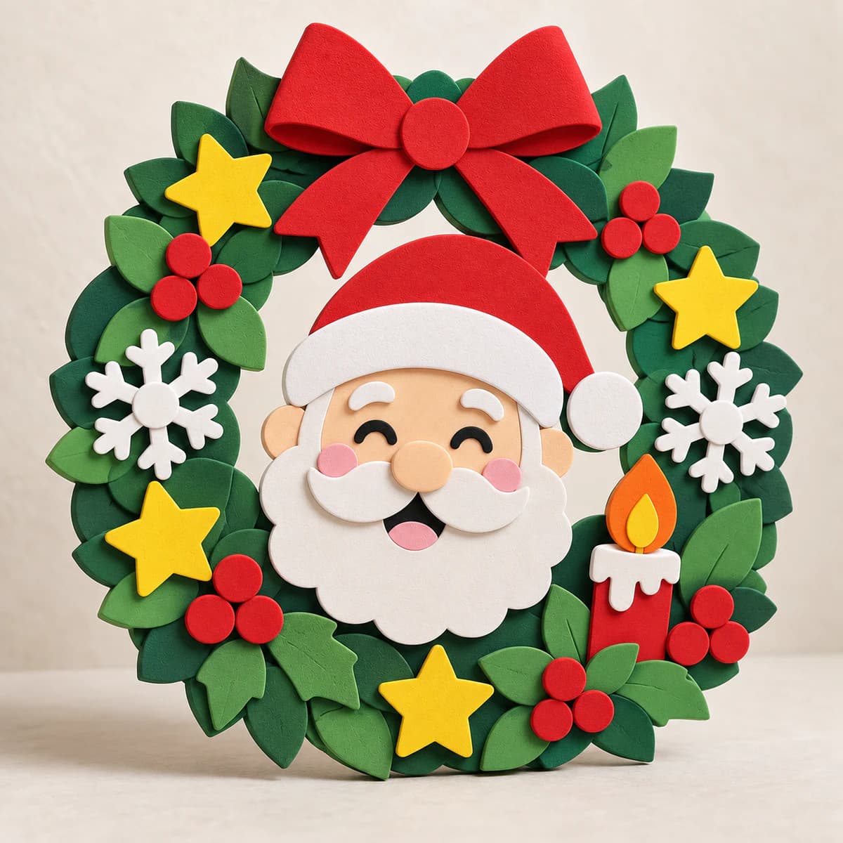 Guirlanda de Natal colorida com Papai Noel, folhas e estrelas em EVA
