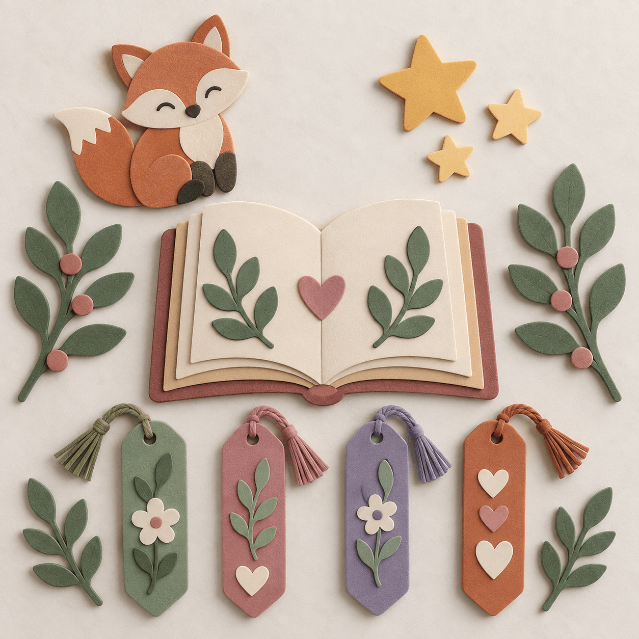 Kit em EVA com livro, raposa, folhas e marcadores