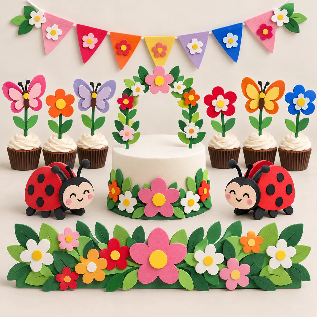 Kit de festa em EVA com flores, borboletas e joaninhas coloridas