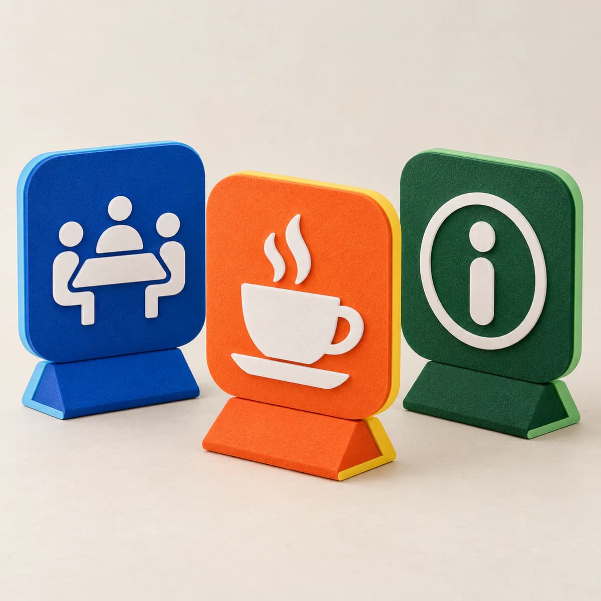 Conjunto de placas corporativas coloridas com pictogramas em EVA