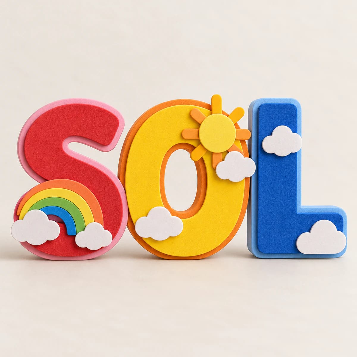 Nome SOL em letras coloridas de EVA com arco-íris, sol e nuvens