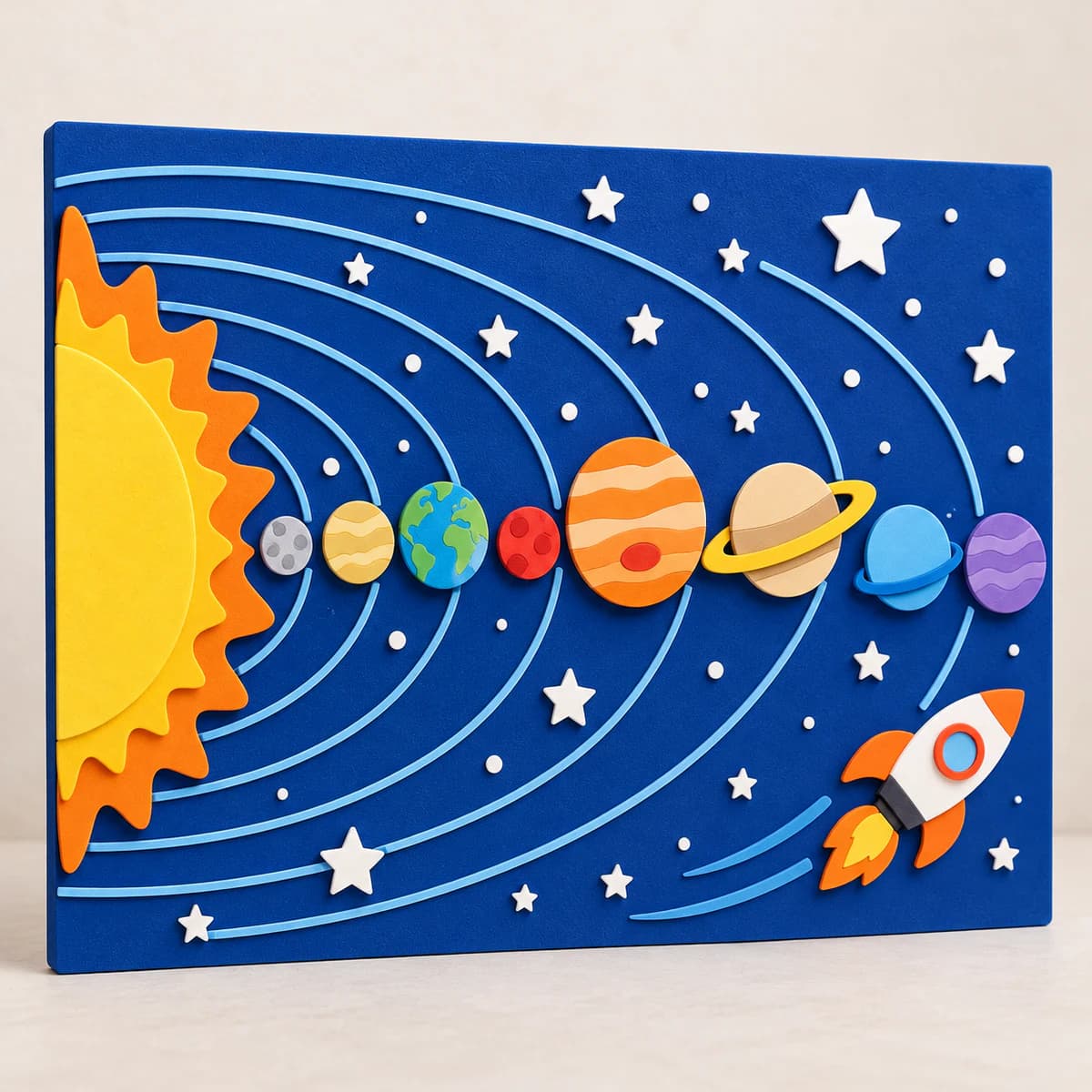 Painel escolar do sistema solar feito em camadas de EVA